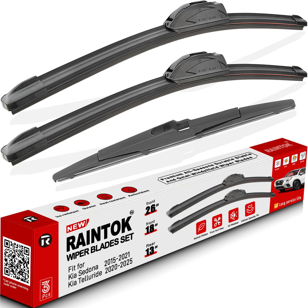 RAINTOK Sedona 26-inch front wiper blades improve visibility in rainy conditions.
