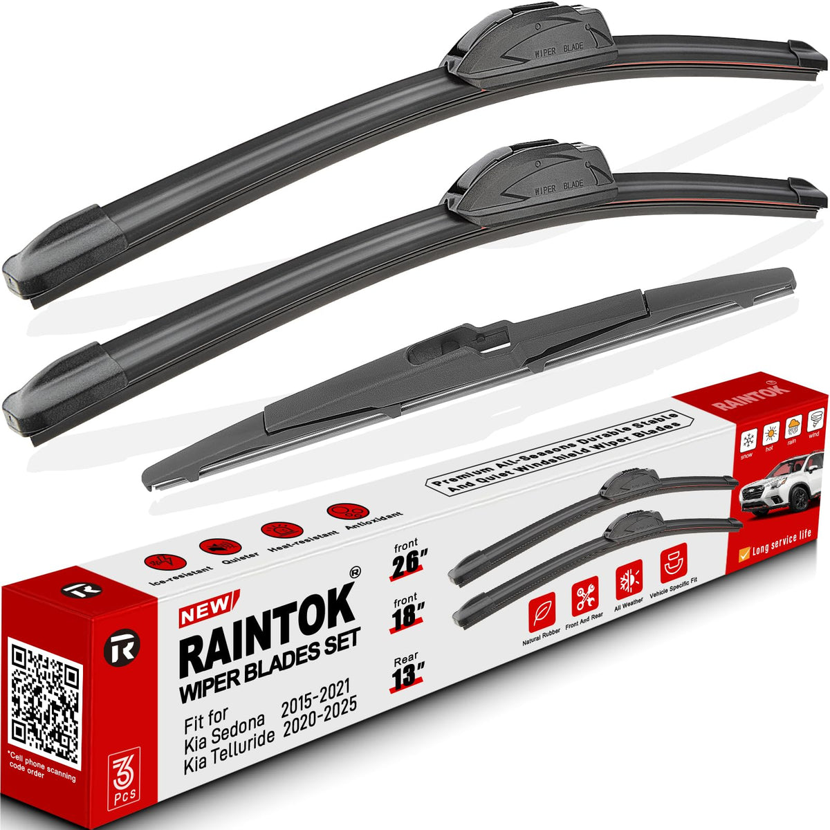 RAINTOK Sedona 26-inch front wiper blades improve visibility in rainy conditions.
