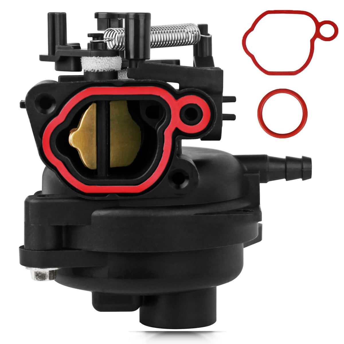 Rakiyada 799584 carburetor front view shows durable alloy body for reliable lawn mower performance.