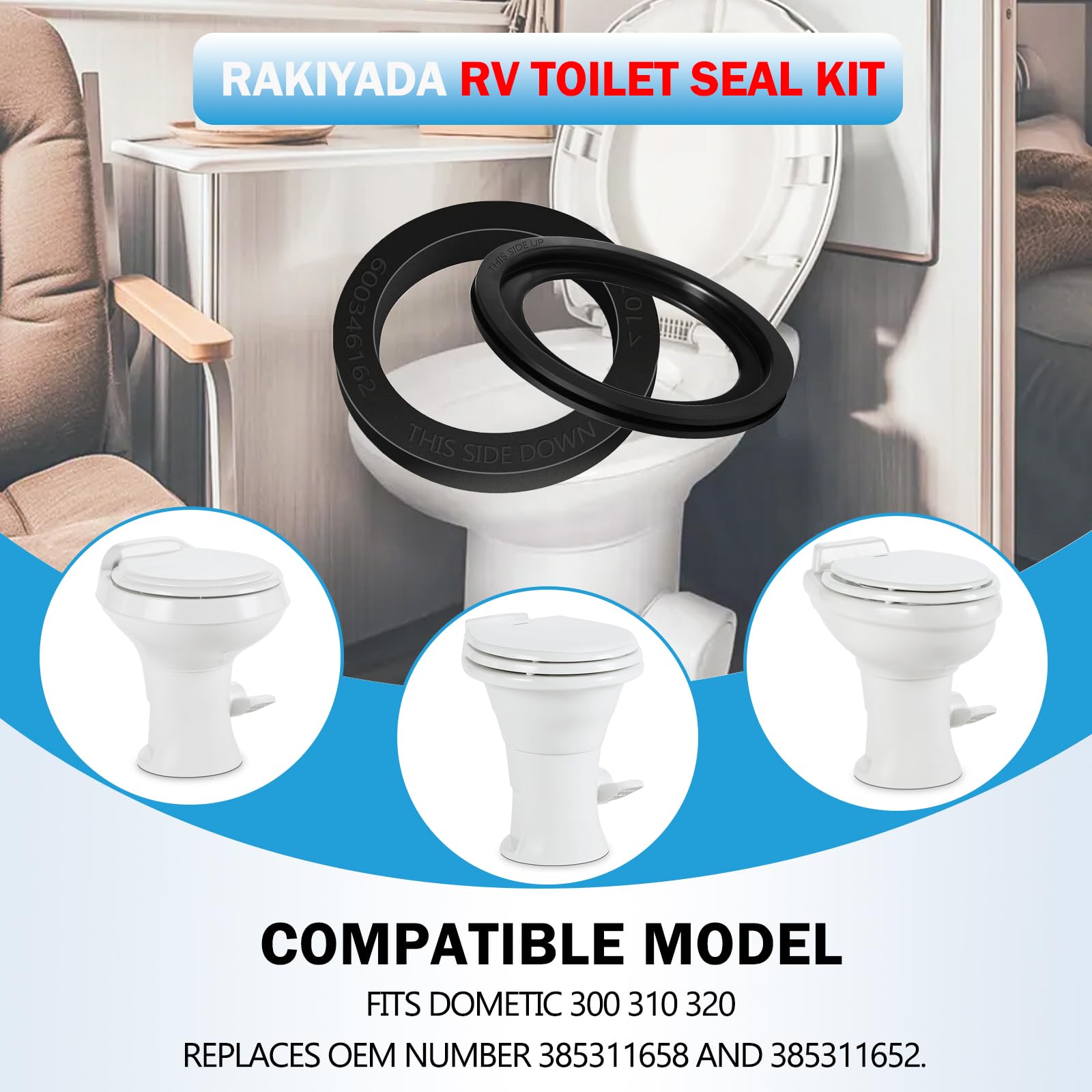 Rakiyada RV toilet seal close-up highlights premium rubber blend for durability.