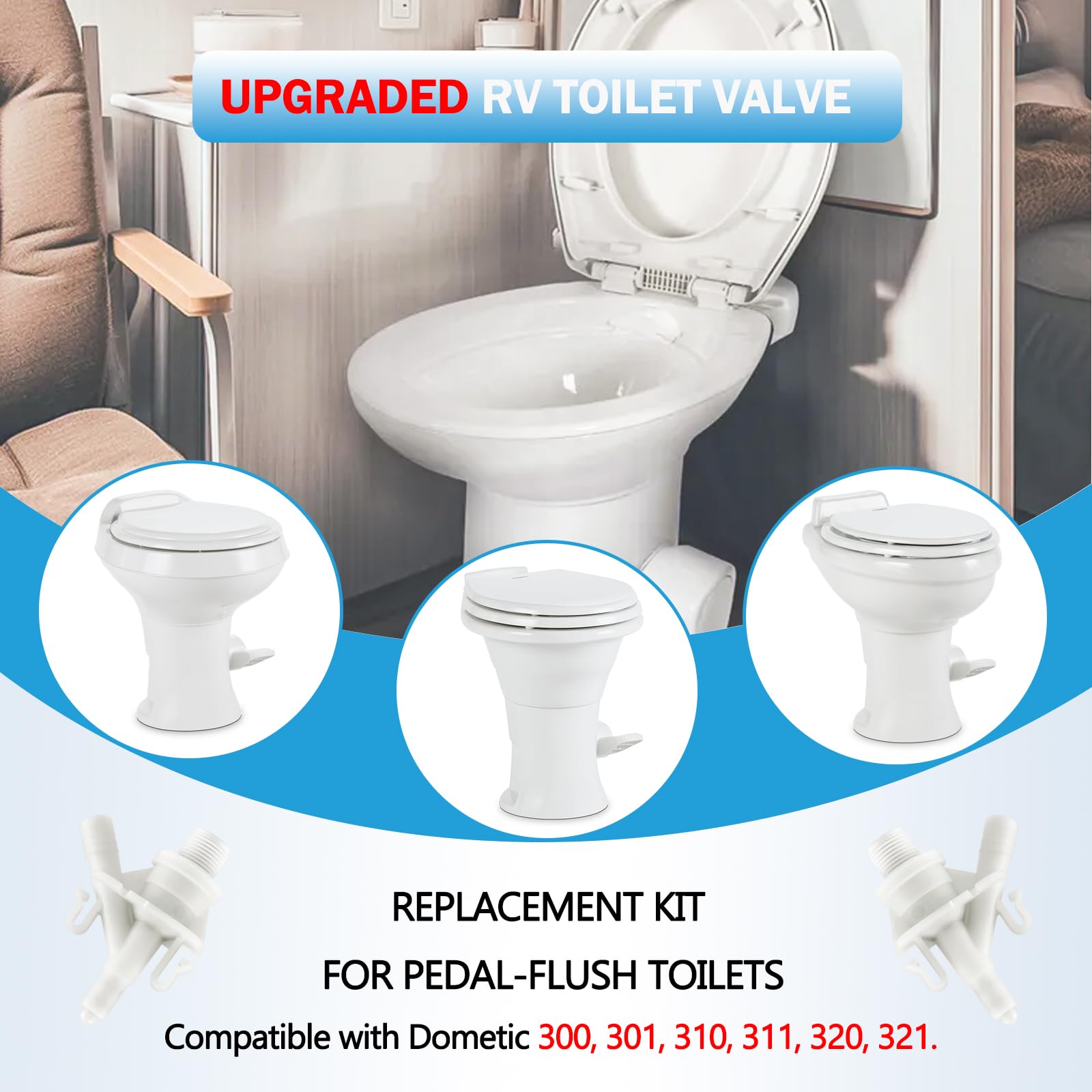 Rakiyada RV toilet valve and seal pack highlights replacement parts.