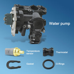 RALBDX thermostat housing pump assembly, side angle; steady engine temperature.