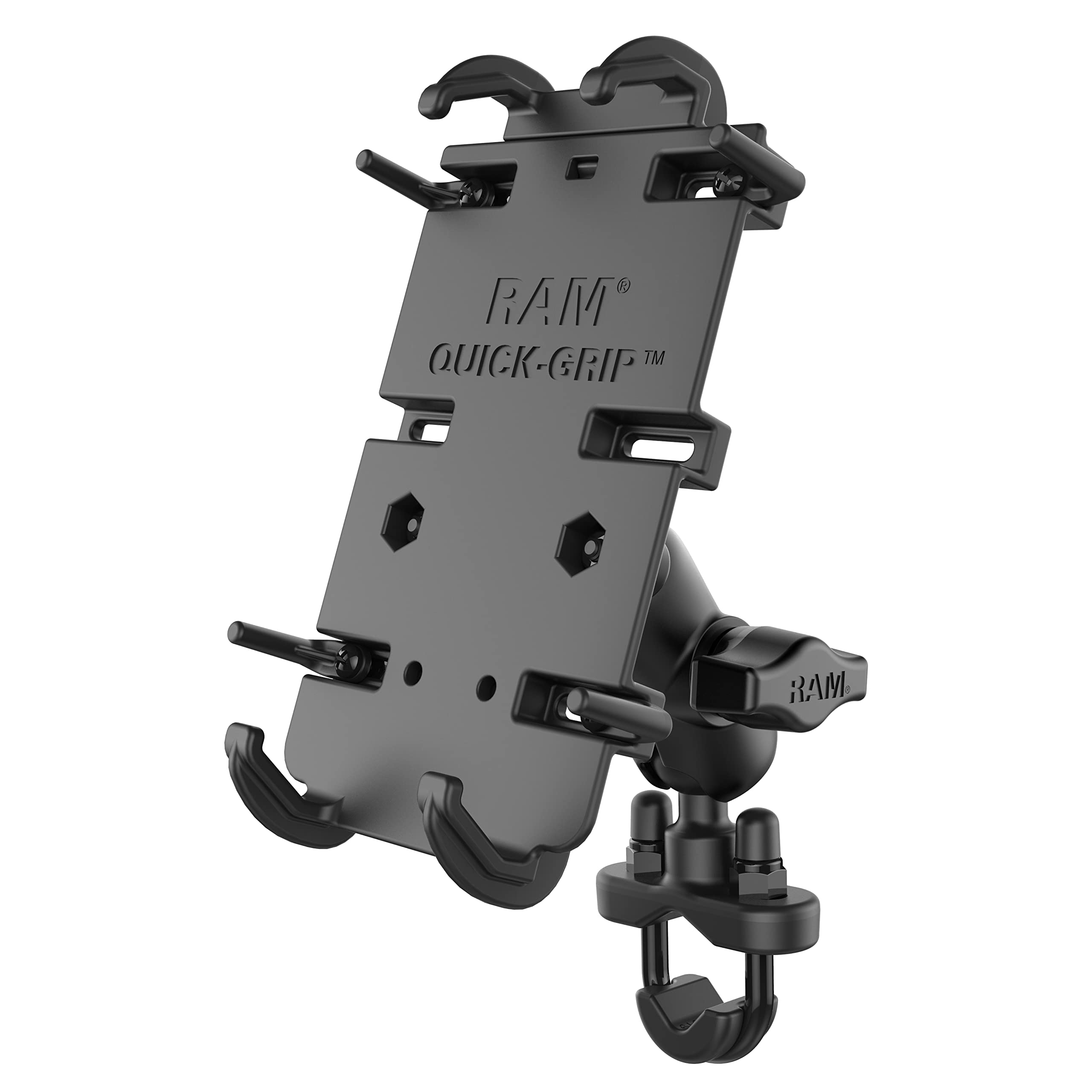 RAM MOUNTS Quick-Grip Large Phone Mount securely holds a large device on a motorcycle
