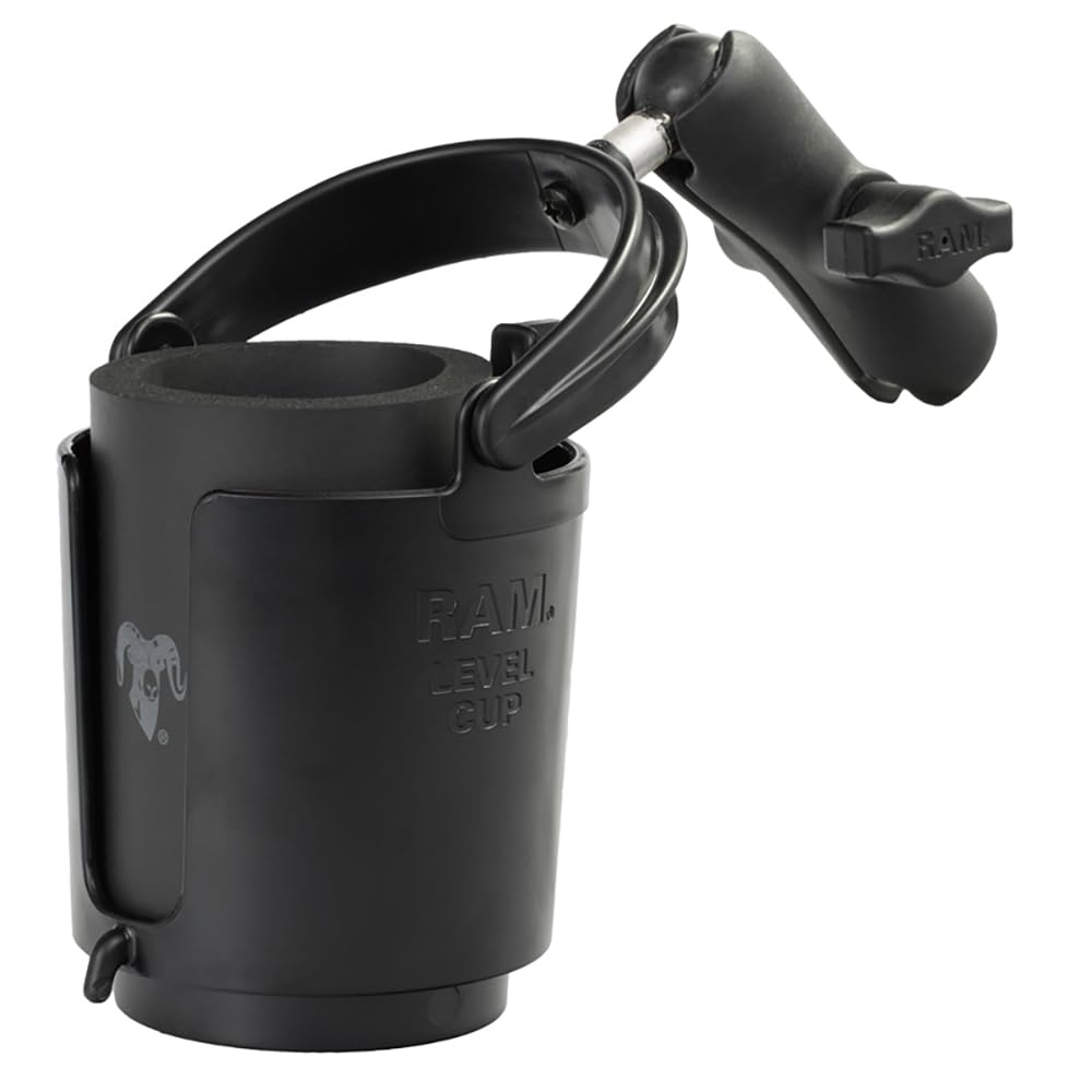 RAM Mounts RAP-B-132B-201U level cup holding a 16oz drink on a motorcycle