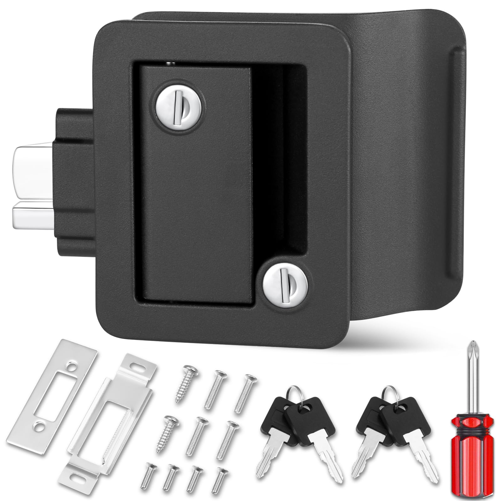 Ramkle RV entry door lock exterior view highlighting rugged metal construction for outdoor use