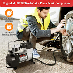 Ranallto air compressor inflating tire for on-the-go inflation.