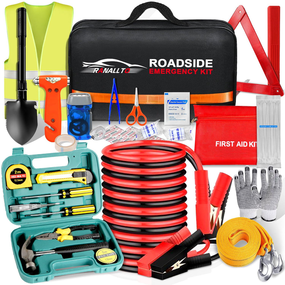 Ranallto car emergency kit bag open shows ready-to-use roadside essentials for drivers.