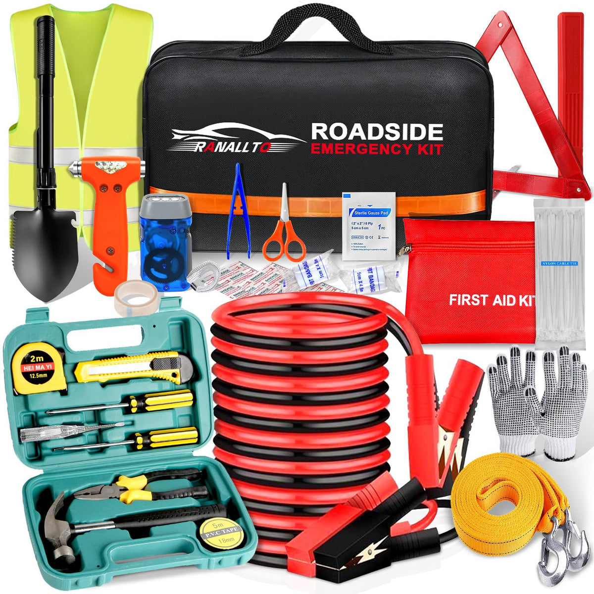 Ranallto car emergency kit bag open shows ready-to-use roadside essentials for drivers.