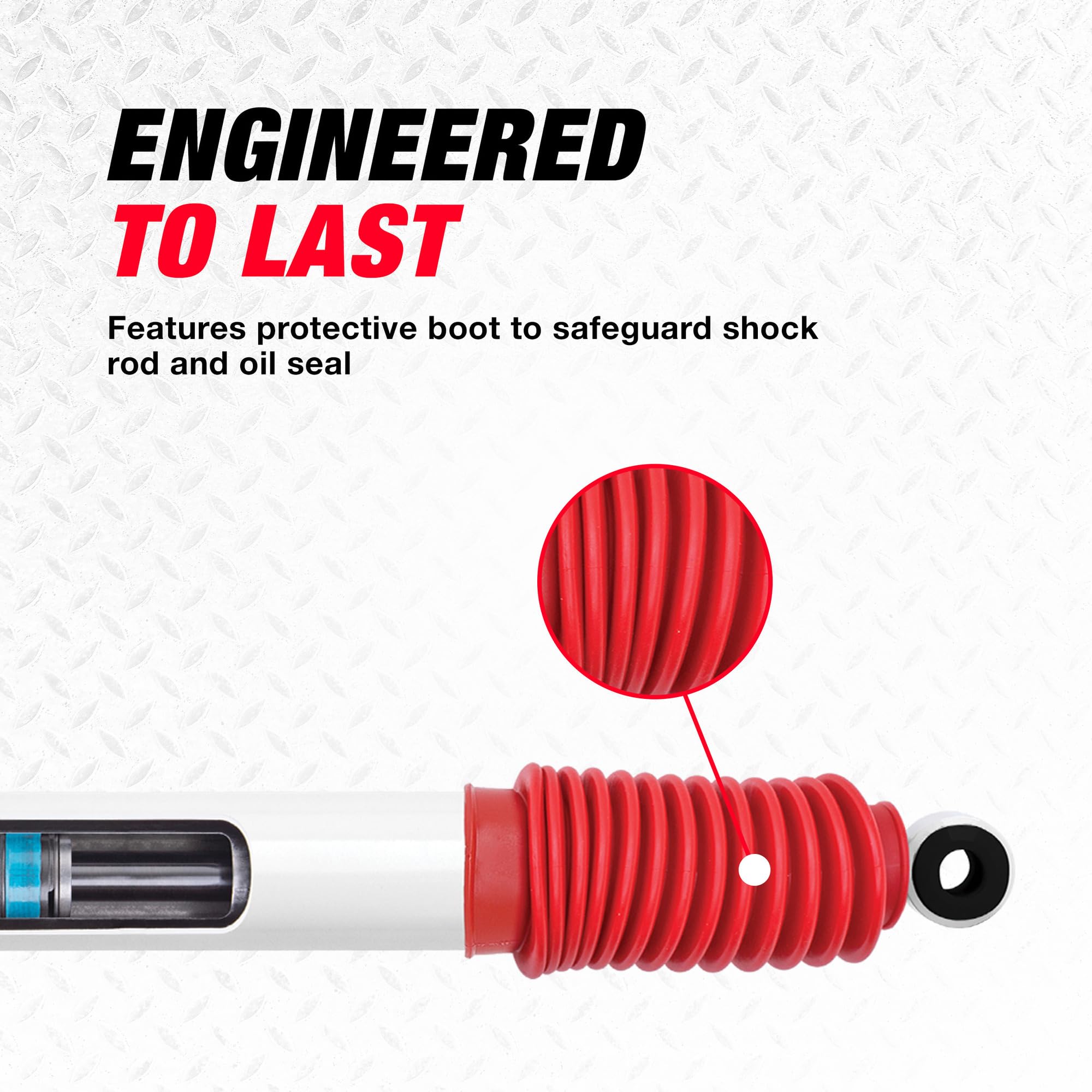 Rancho RS5000 steering damper in-stowed position with protective boot.