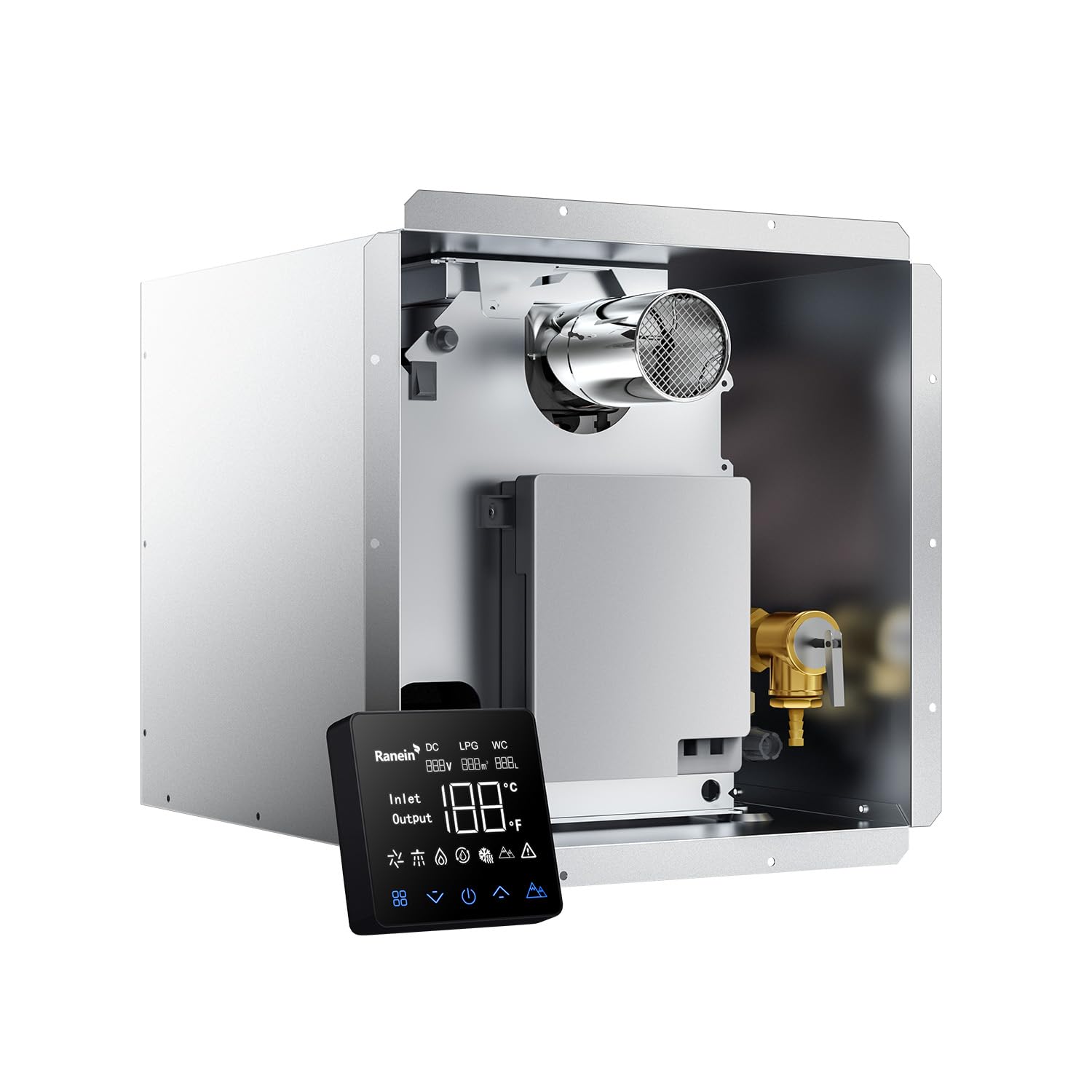 Ranein Gen II RV water heater with 65k BTU delivers instant hot water for steady showers.