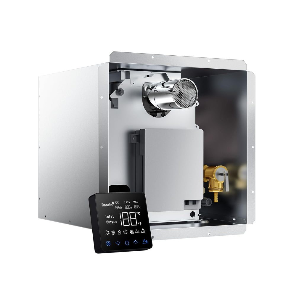 Ranein Gen II RV water heater with 65k BTU delivers instant hot water for steady showers.
