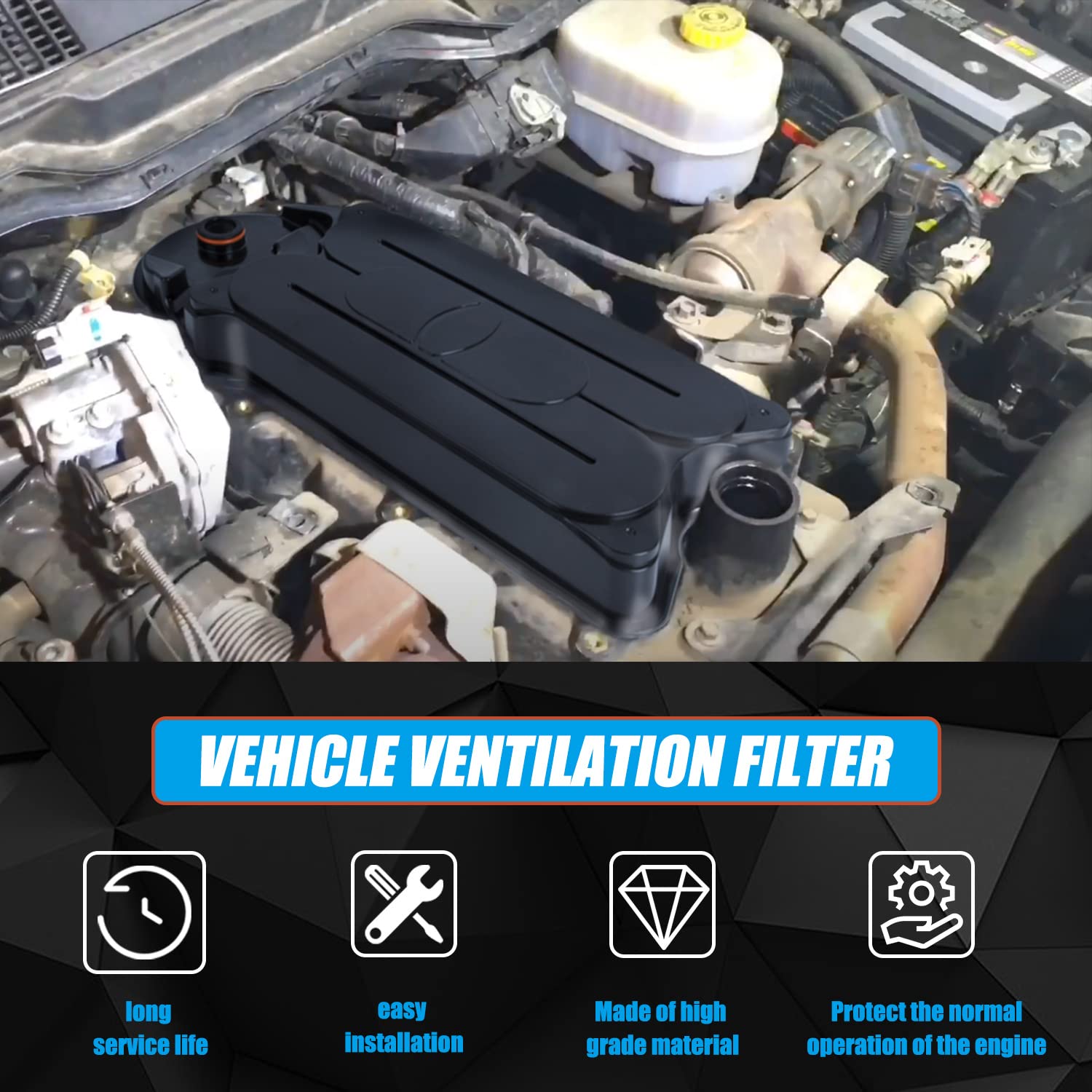 RANSOTO CCV filter installed in a 6.7L Cummins engine bay for easy replacement.