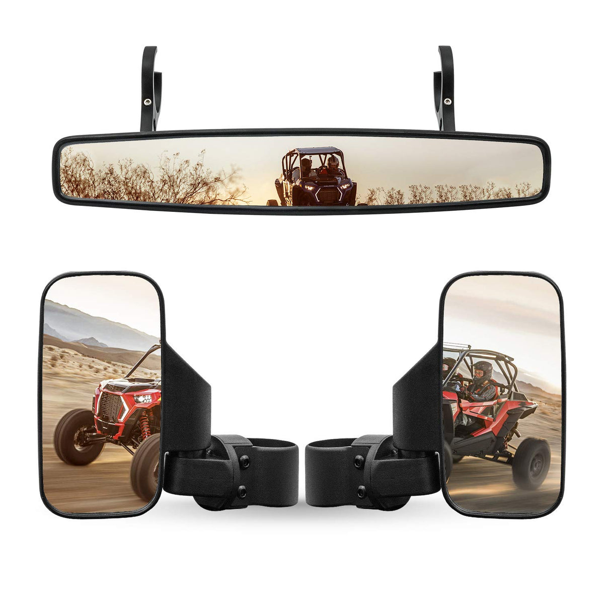 RANSOTO UTV side-view mirror on roll-bar mount improves rear visibility.