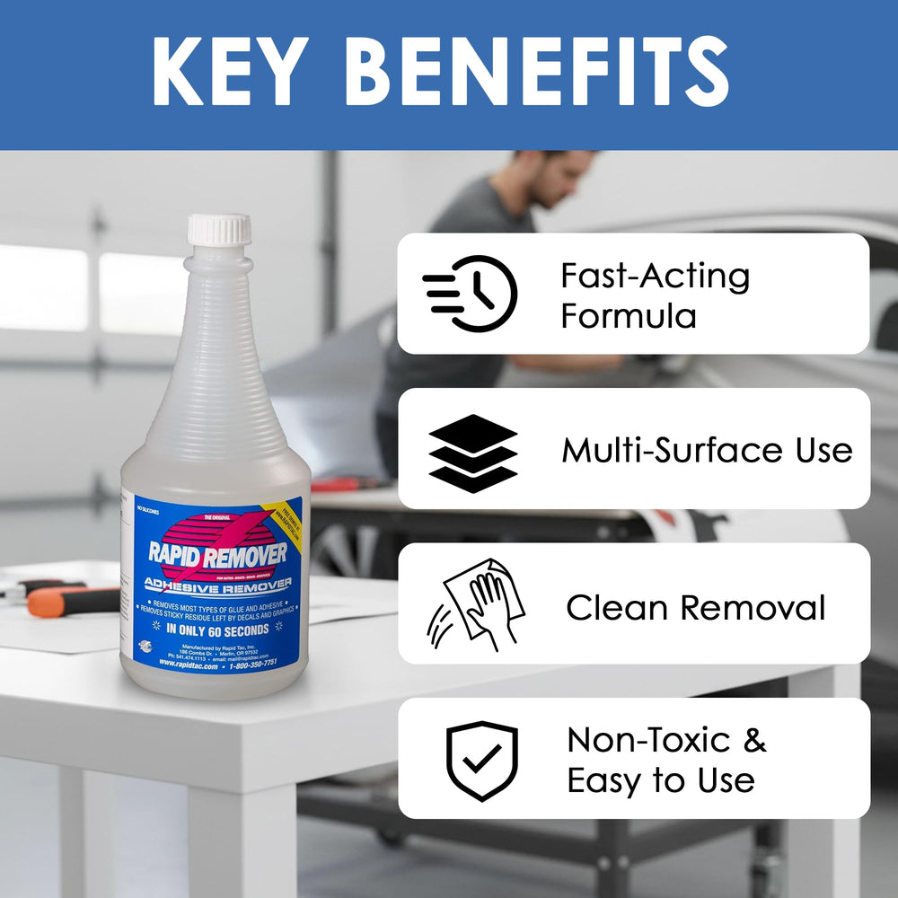 Rapid Tac Rapid Remover close-up showing adhesive residue breakdown.
