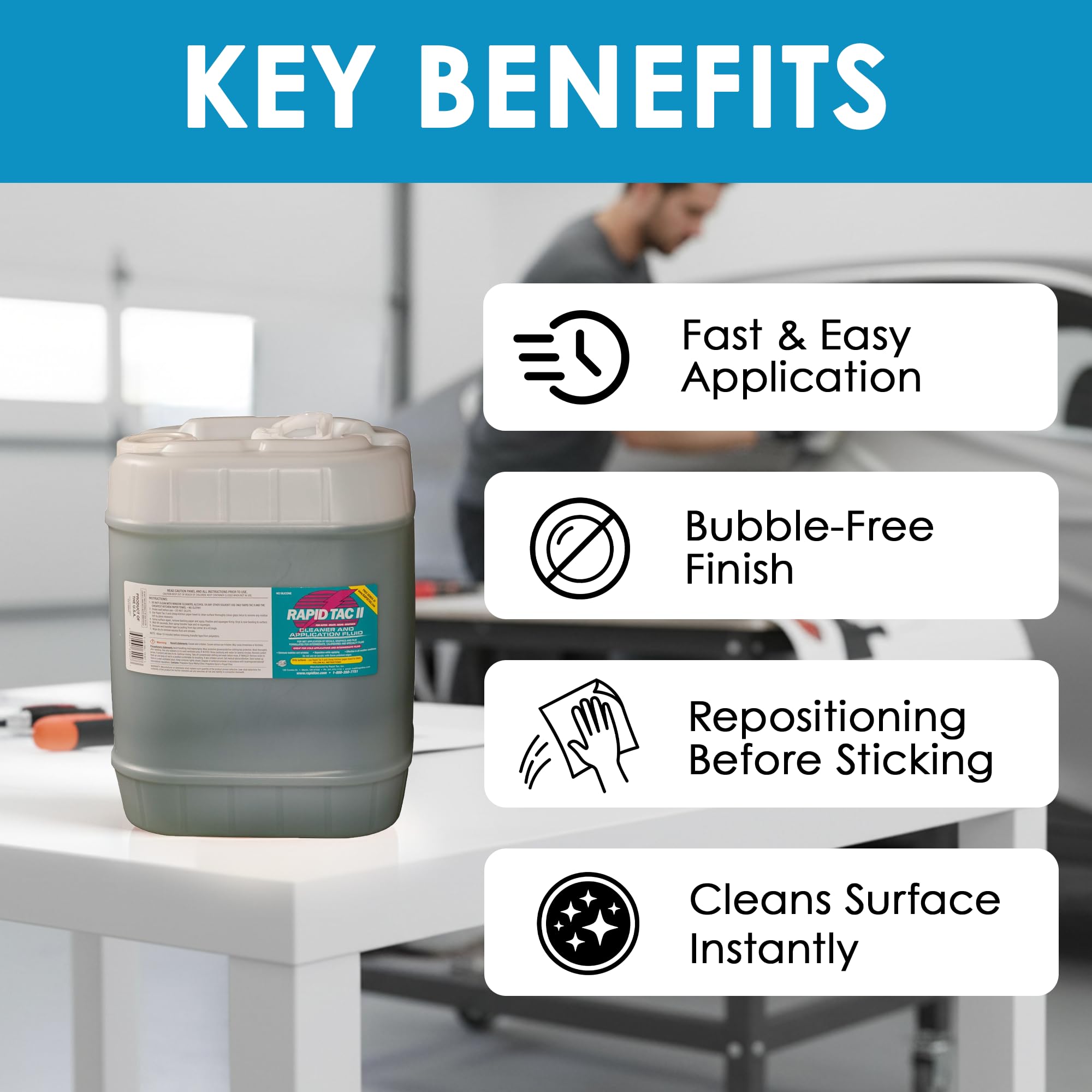Rapid Tac II repositioning enables decal adjustment before final adhesion for accuracy.