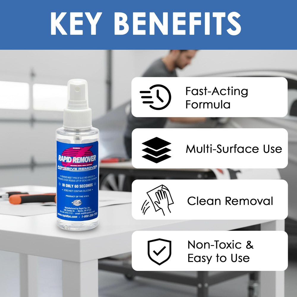 Close-up of Rapid Tac remover bottle label and cap.