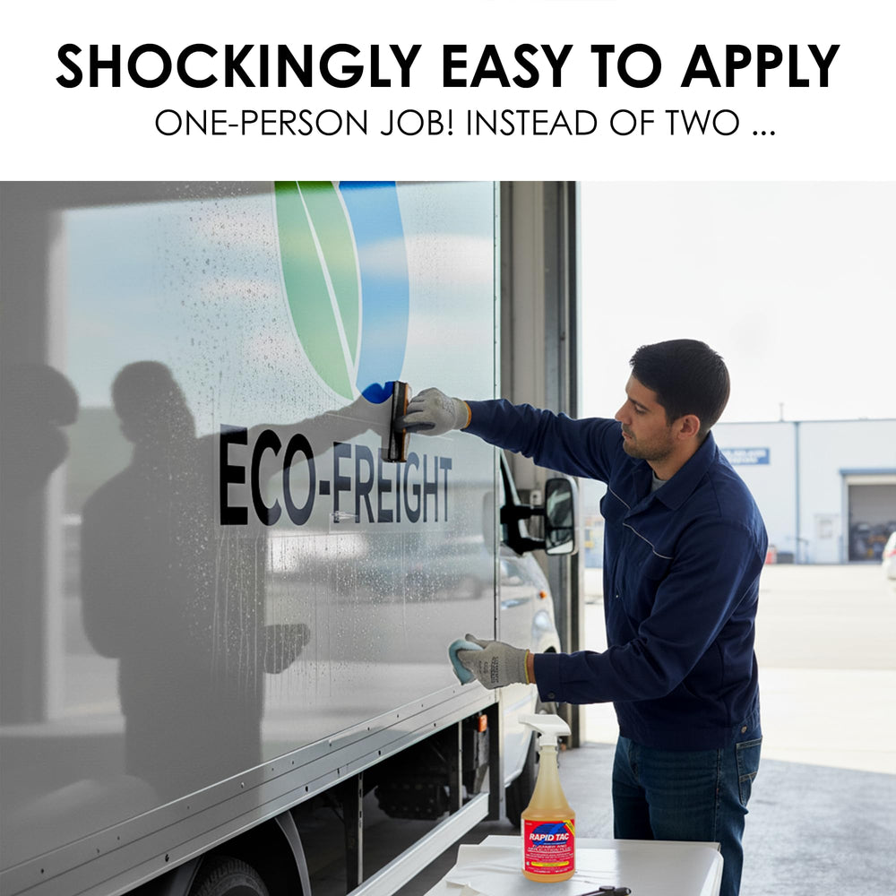 Rapid Tac Application Fluid enhances efficiency during vinyl projects on various surfaces.