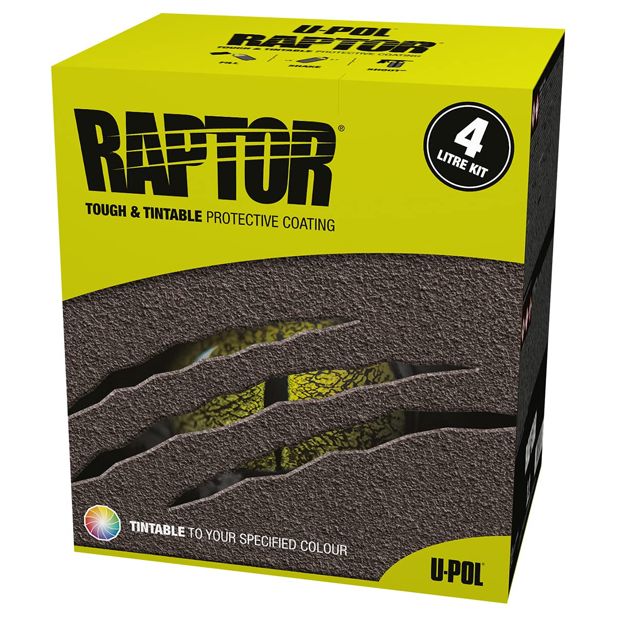 RAPTOR Tintable Truck Bed Liner Kit front packaging shows complete protection options.
