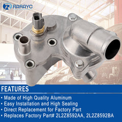 RARAYC aluminum thermostat housing kit in box, compatibility notes.