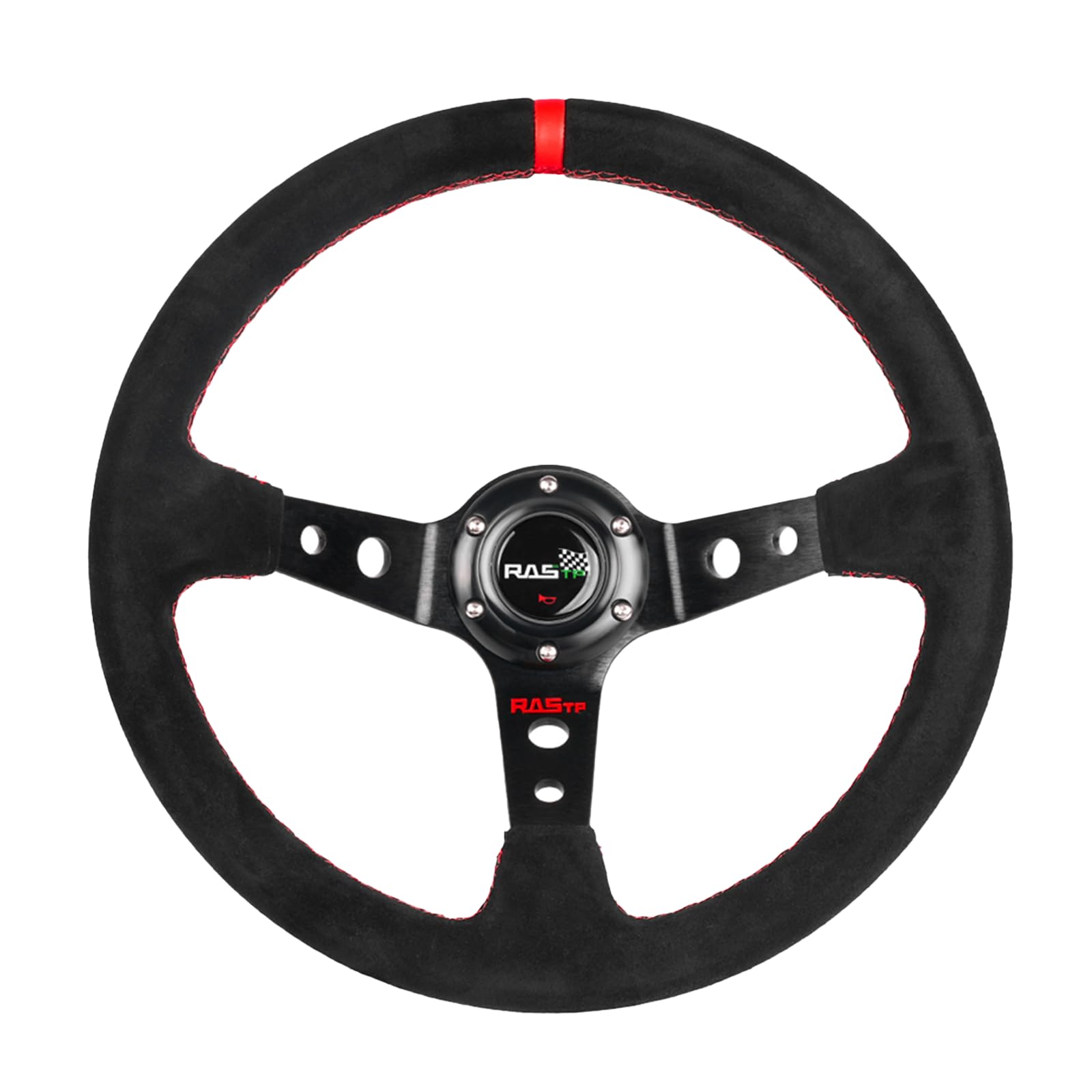 RASTP universal racing steering wheel with suede deep-dish and red accent for confident grip.