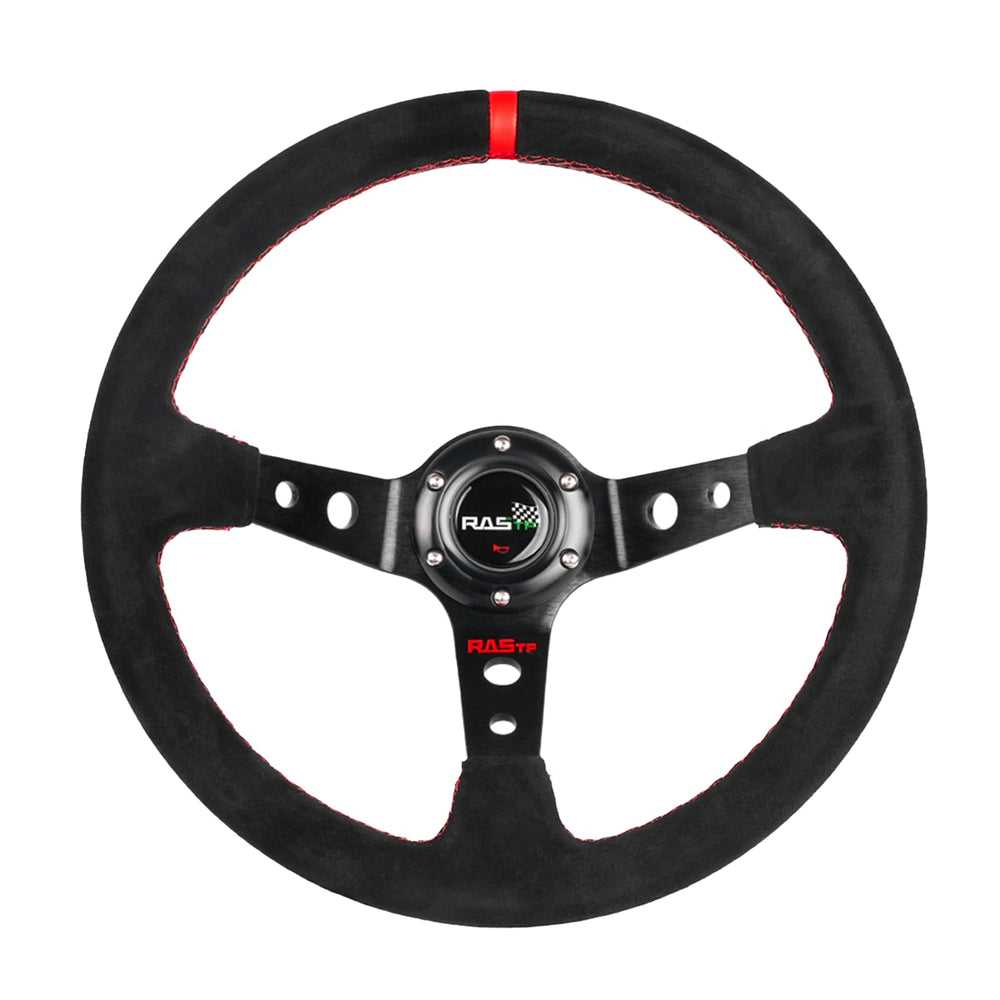 RASTP universal racing steering wheel with suede deep-dish and red accent for confident grip.