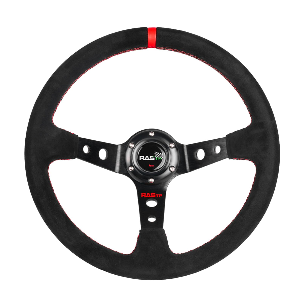 RASTP universal racing steering wheel with suede deep-dish and red accent for confident grip.