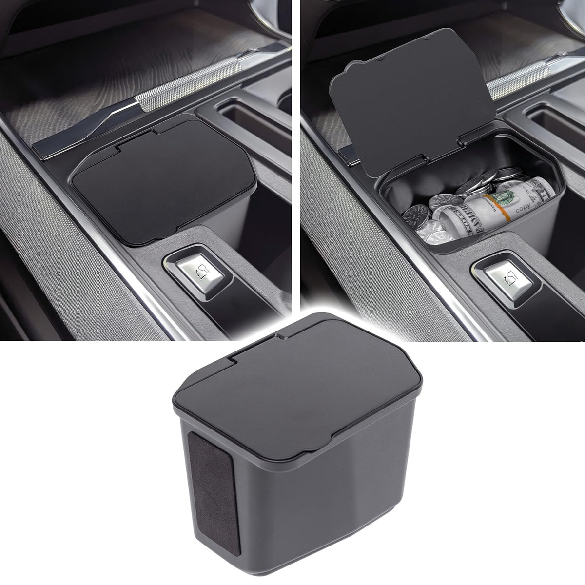 RAVOTOM center console coin box fit shows precise Ford F-150 alignment and organized coins.