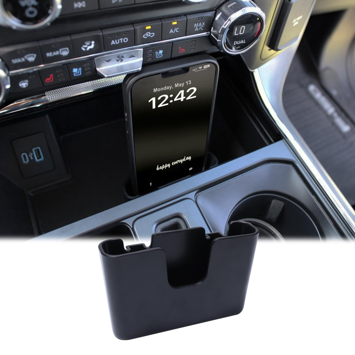 RAVOTOM center console mount for Ford F-150 front slot enables easy reach.