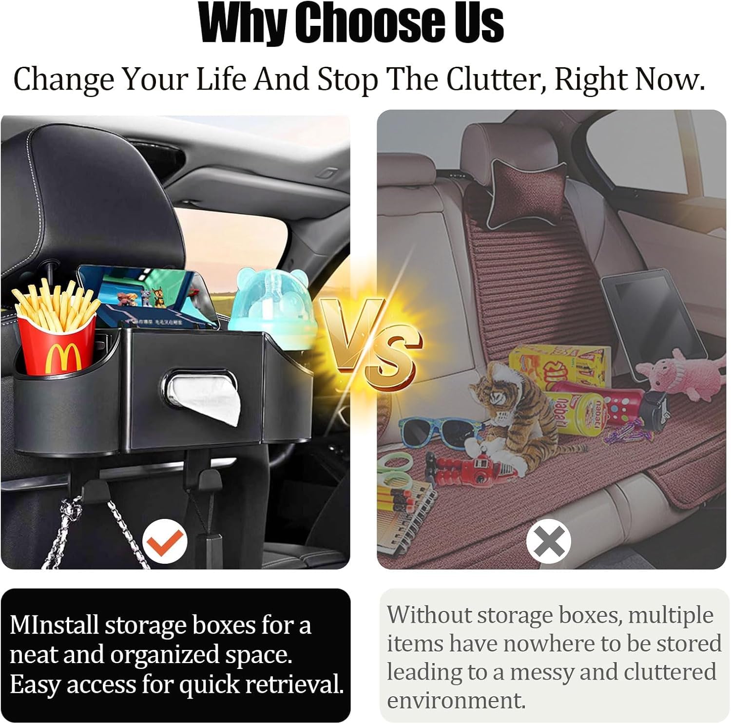 RAXSEG adjustable headrest hooks ensure secure installation on most headrests.