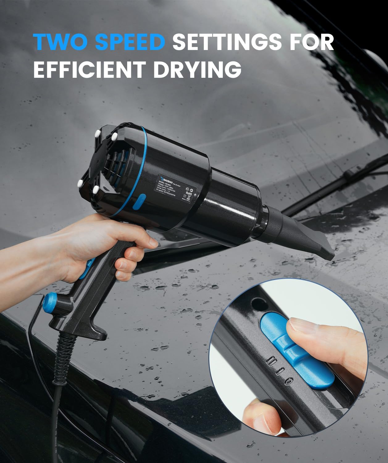 RAYBAO air cannon dryer 5m cord enables garage use without outlet constraints