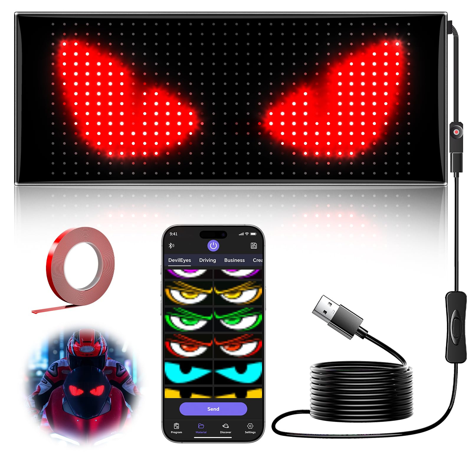 Rayhome LED Eyes on a motorcycle windshield showing vivid RGB colors for visibility