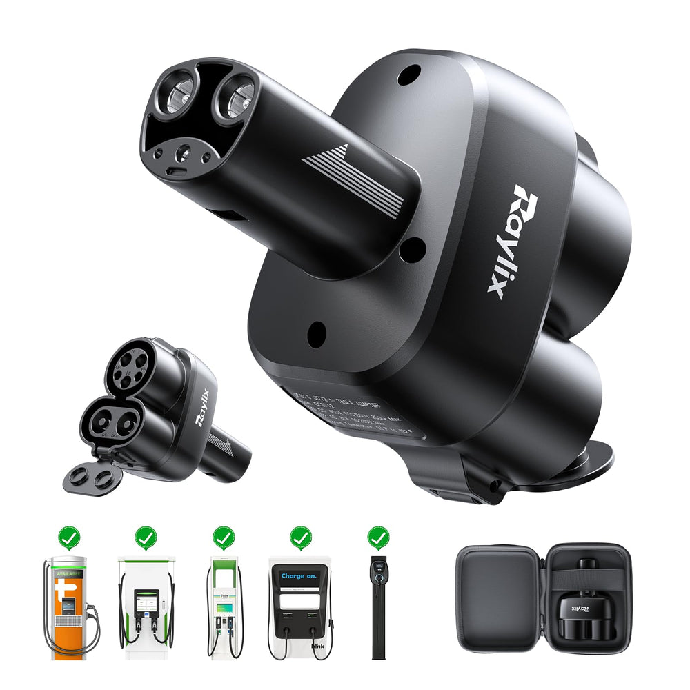 Raylix 2in1 CCS/J1772 to Tesla adapter front view showing dual charging ports and compact form