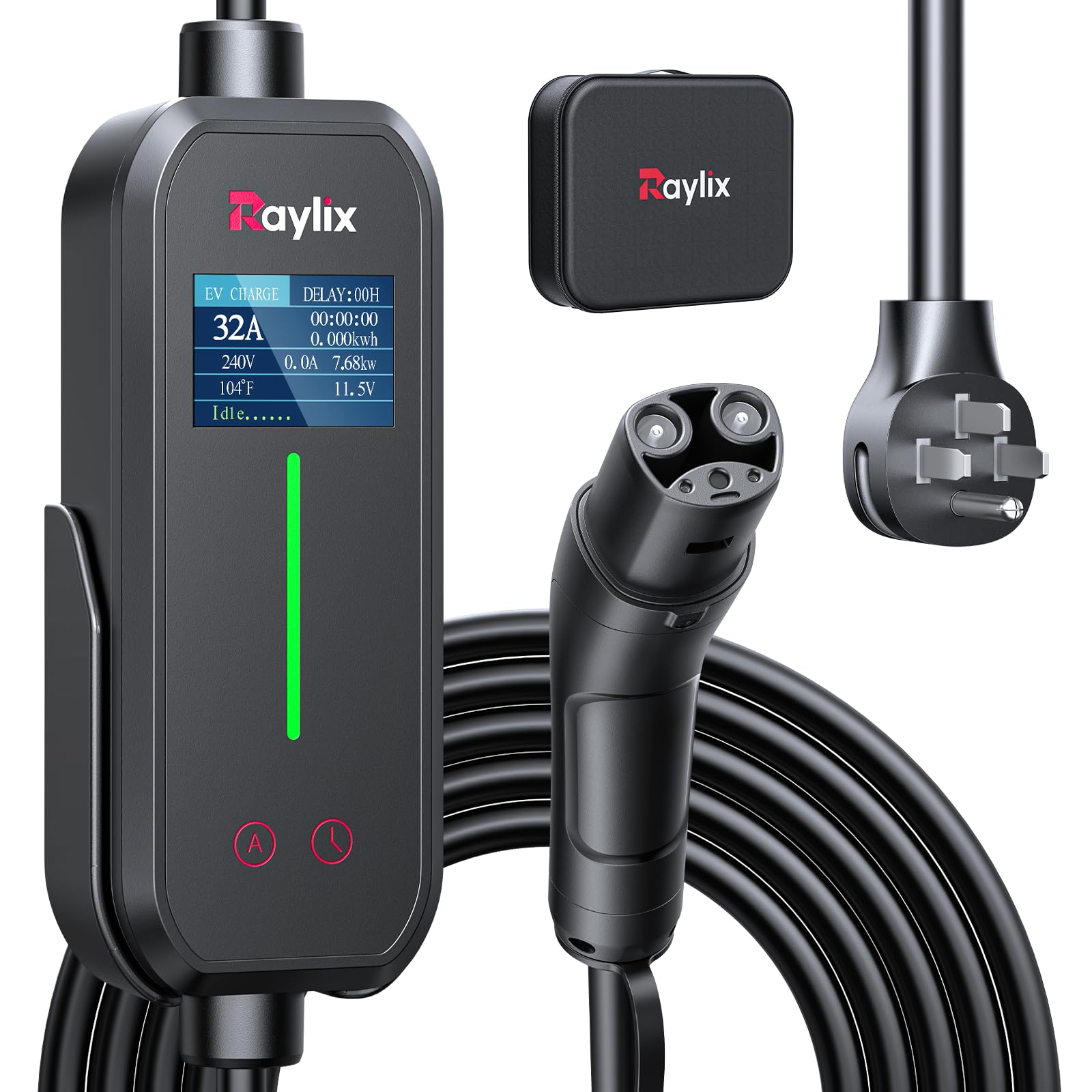 Raylix 32A charger display close-up showing status and settings
