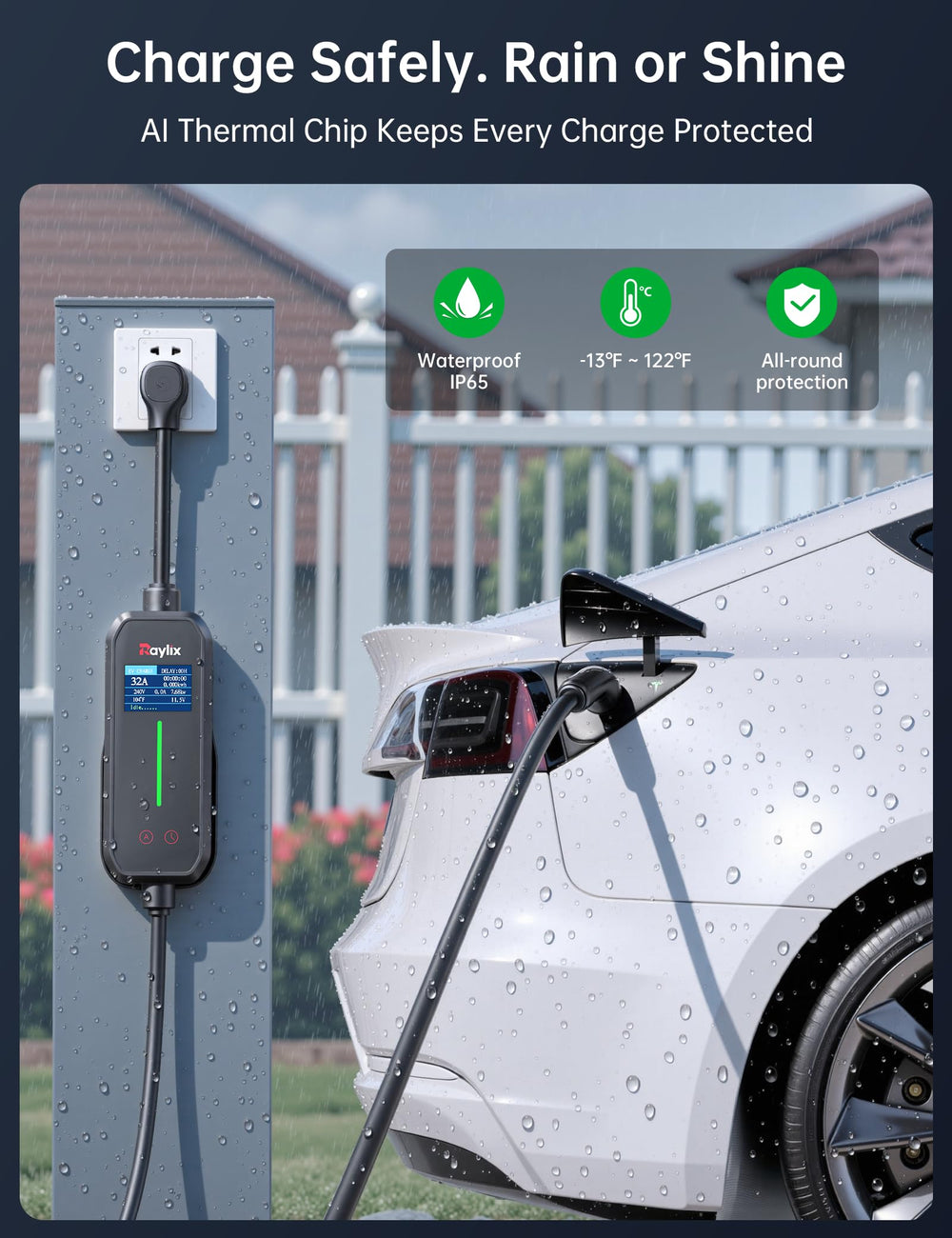 Raylix 32A charger installation-ready stored in portable holder