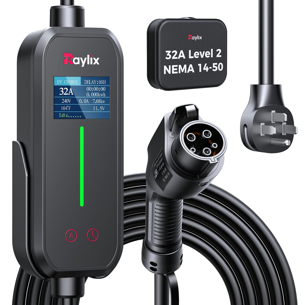 Raylix 32A Level 2 charger front display for easy status checks.