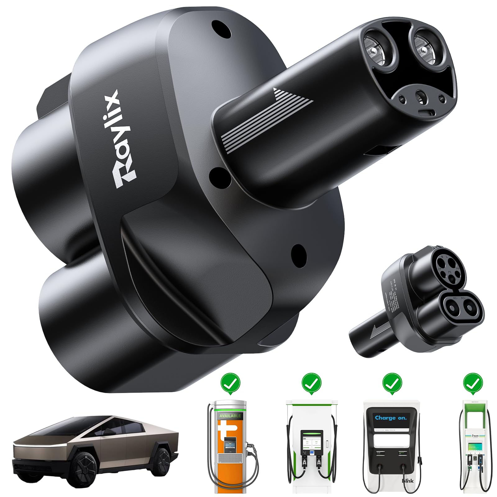 Raylix CCS1 to Tesla adapter front view, showcasing broad compatibility.