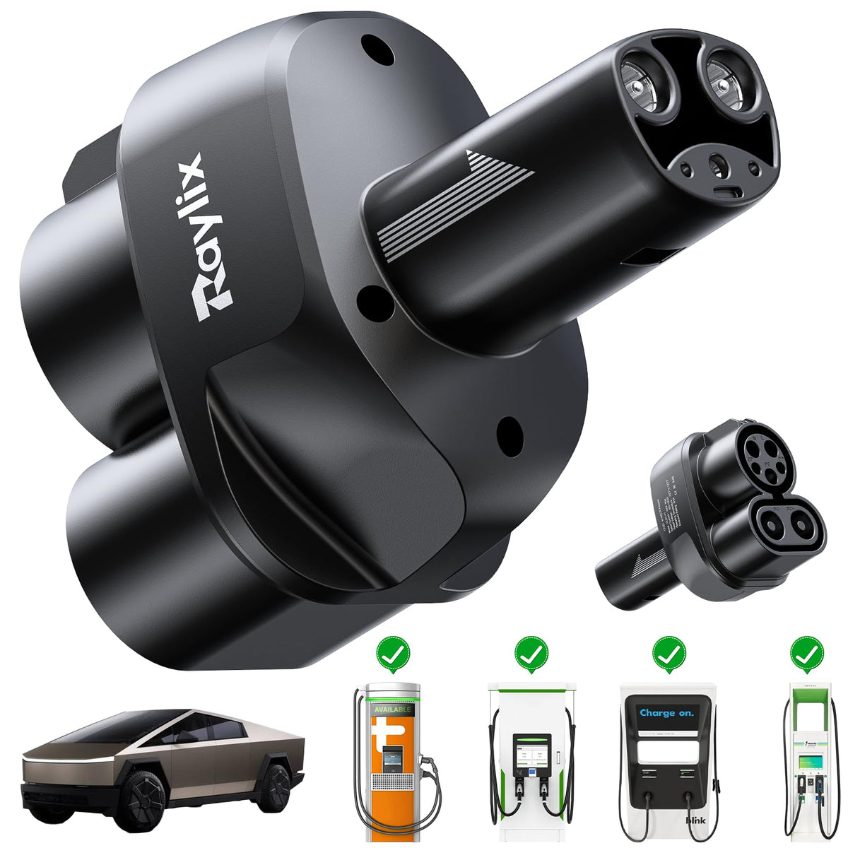Raylix CCS1 to Tesla adapter front view, showcasing broad compatibility.