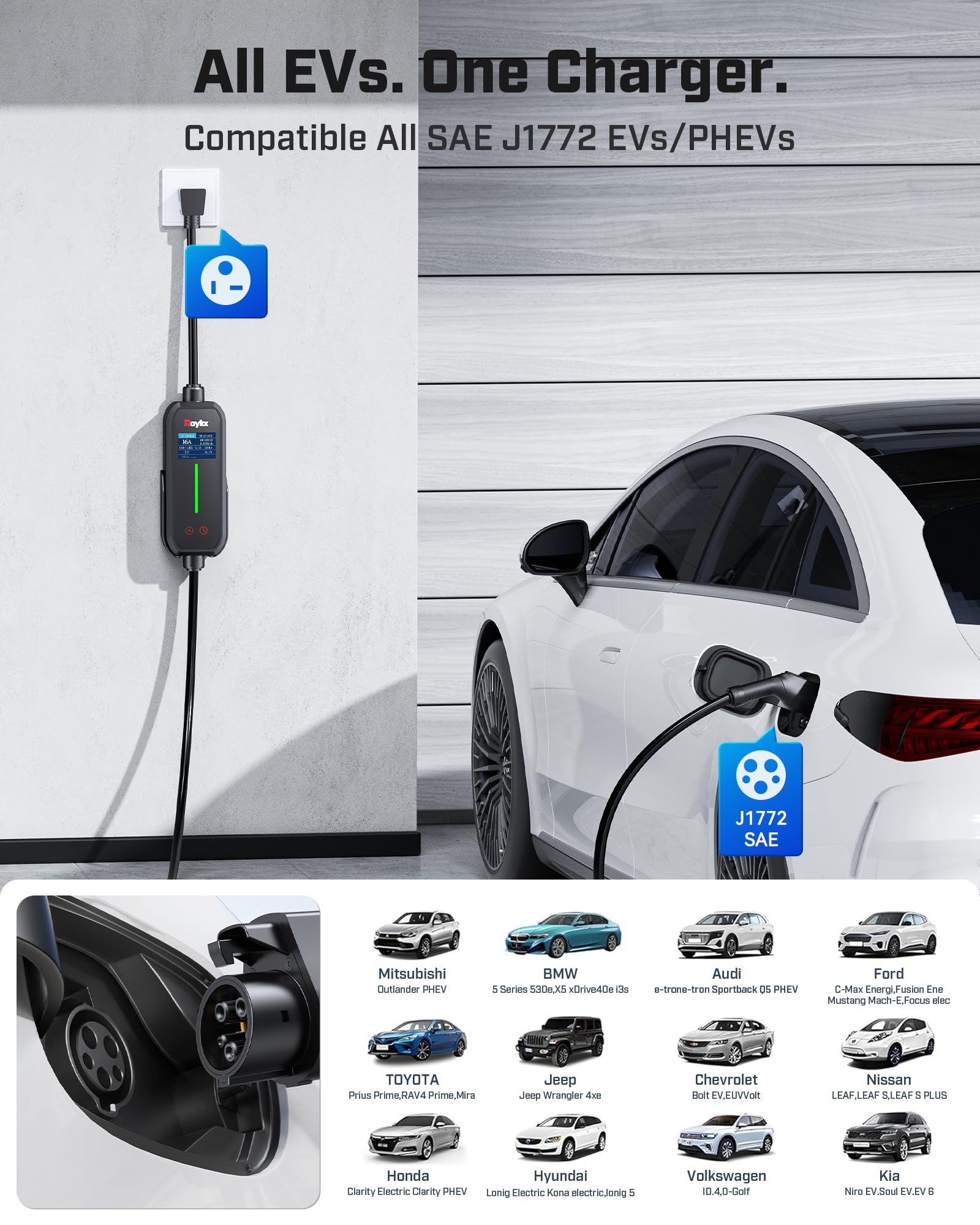 Raylix J1772 compatibility enables universal EV charging at home or on the road.