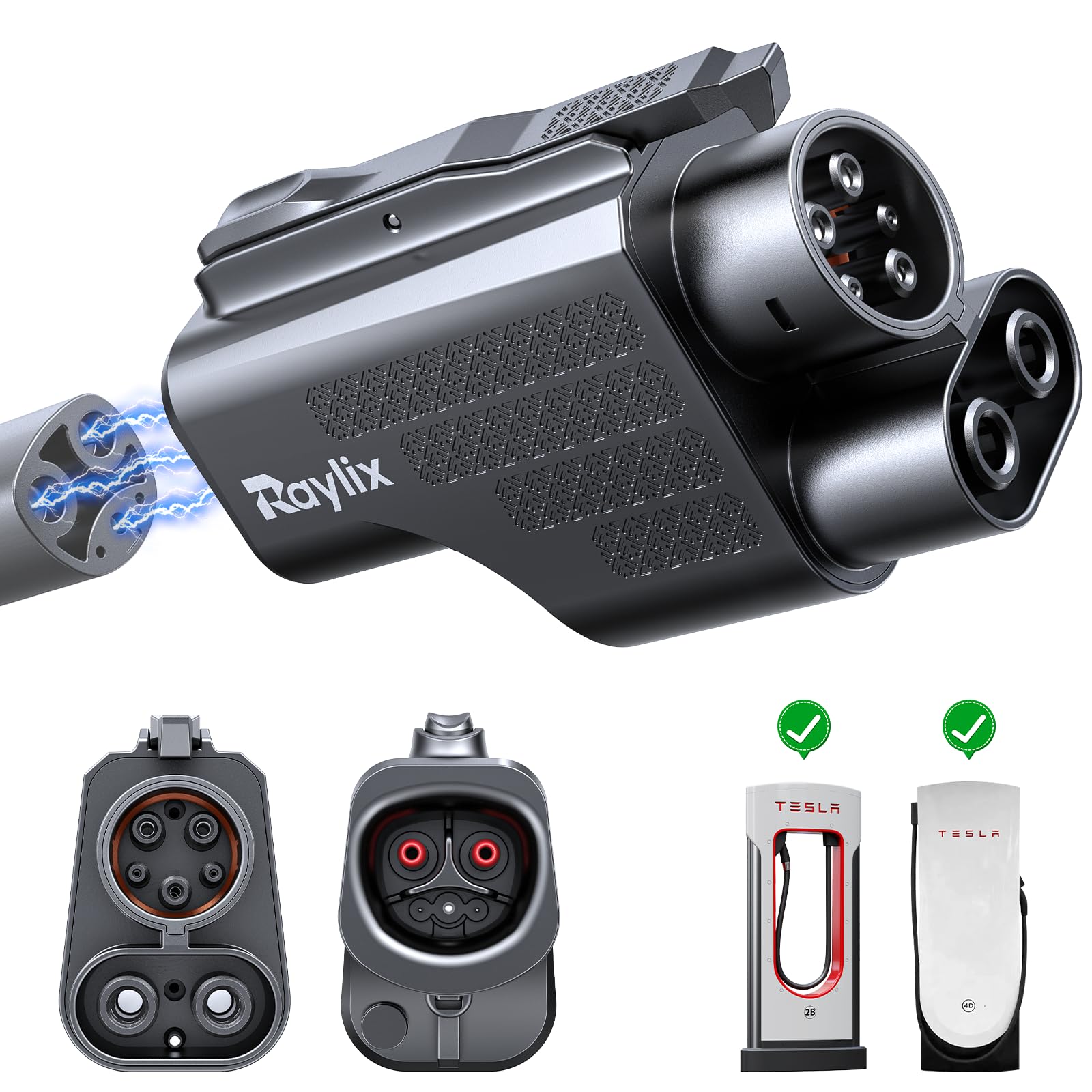 Raylix Tesla to CCS1 adapter securely locks for stable fast charging.