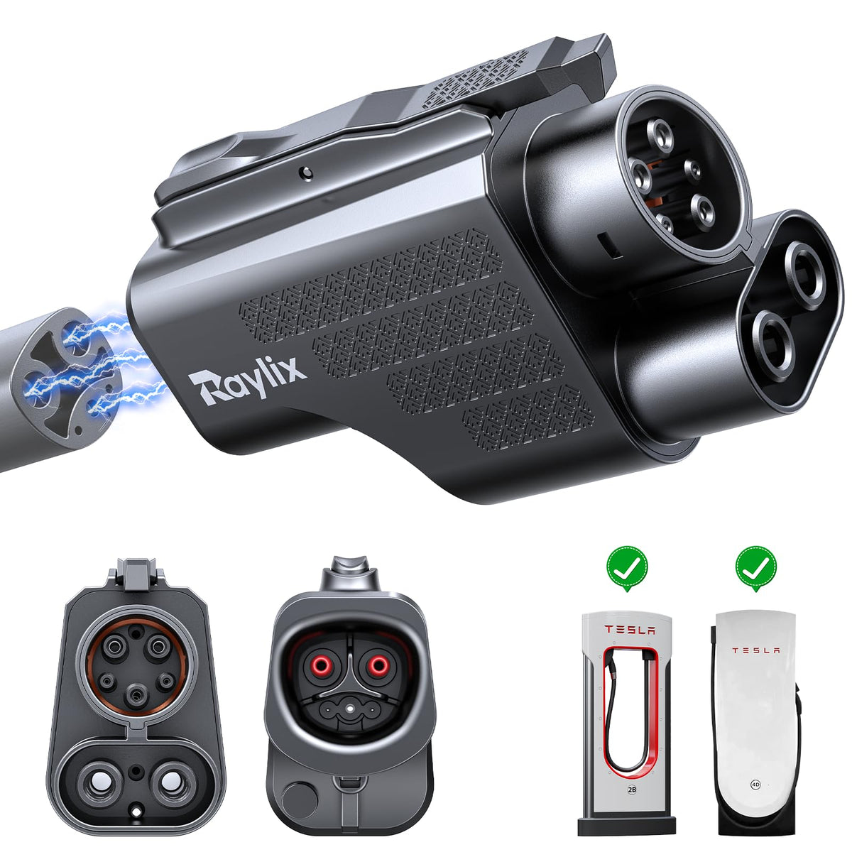 Raylix Tesla to CCS1 adapter securely locks for stable fast charging.