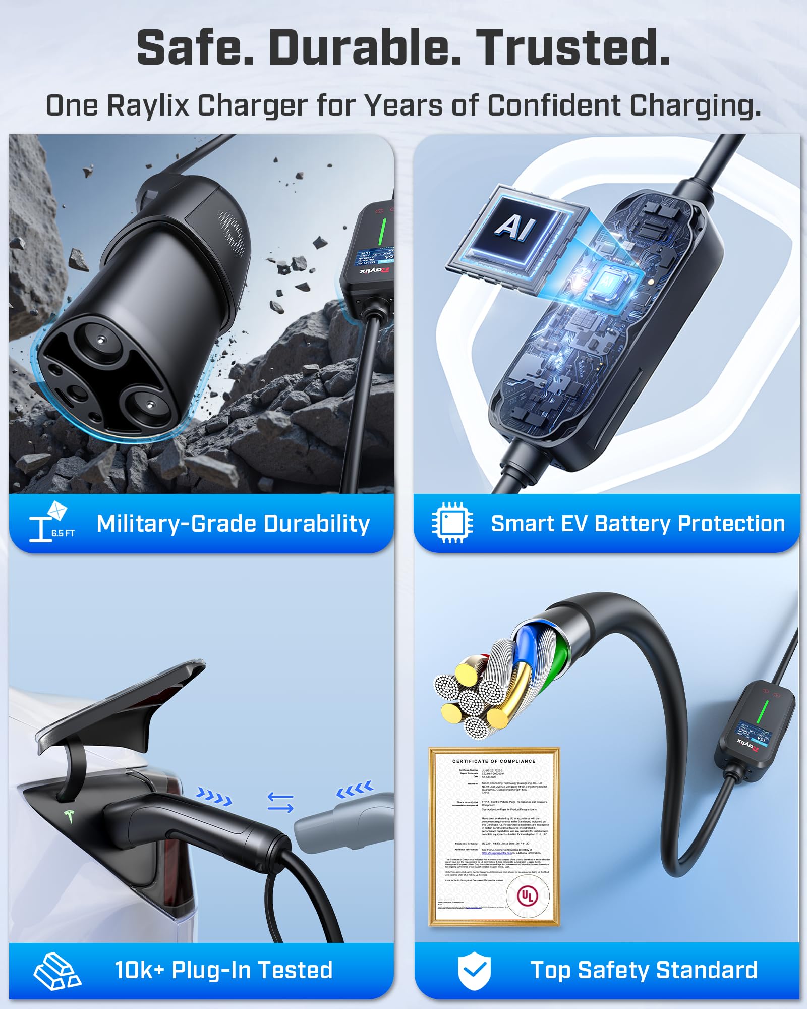 Raylix TFT display showing charging status and temperature.