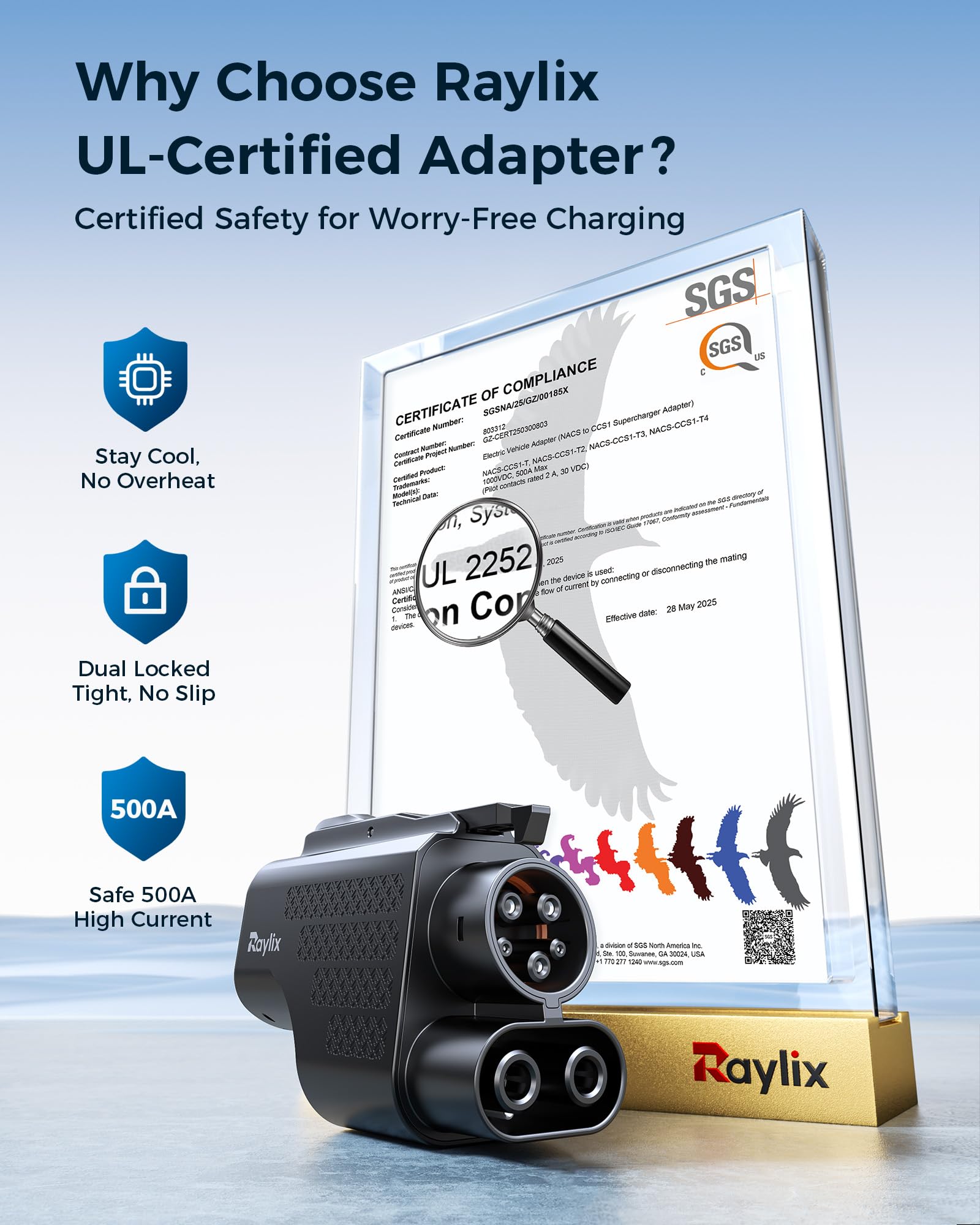 Raylix UL-certified CCS1 adapter ensures a safe, tight fit.