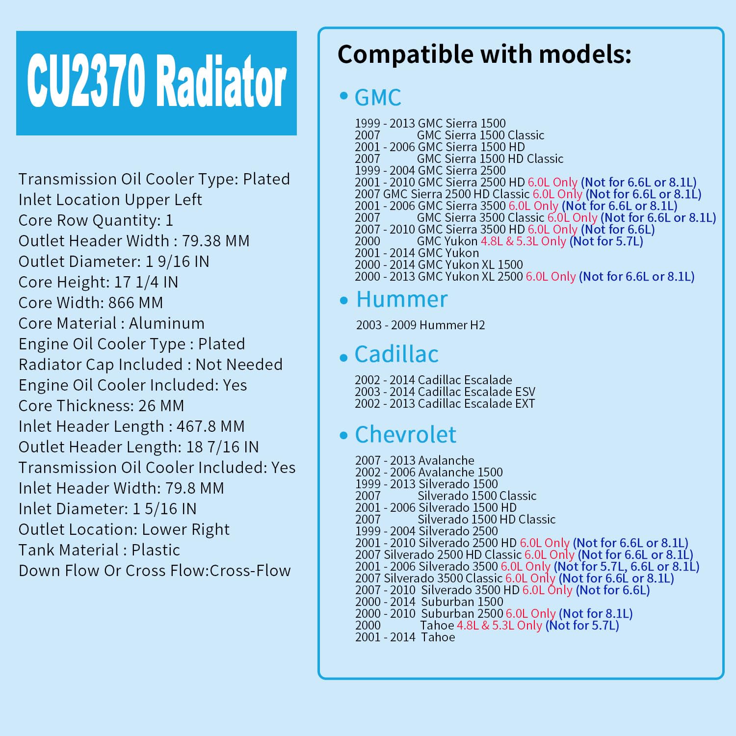 RAYTEN 2370 sealed welded core minimizes coolant leaks for engine protection.