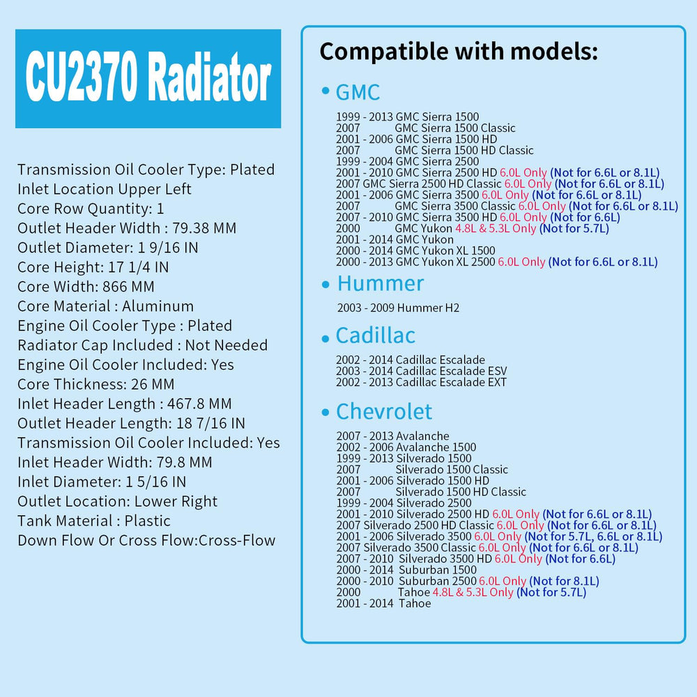 RAYTEN 2370 sealed welded core minimizes coolant leaks for engine protection.