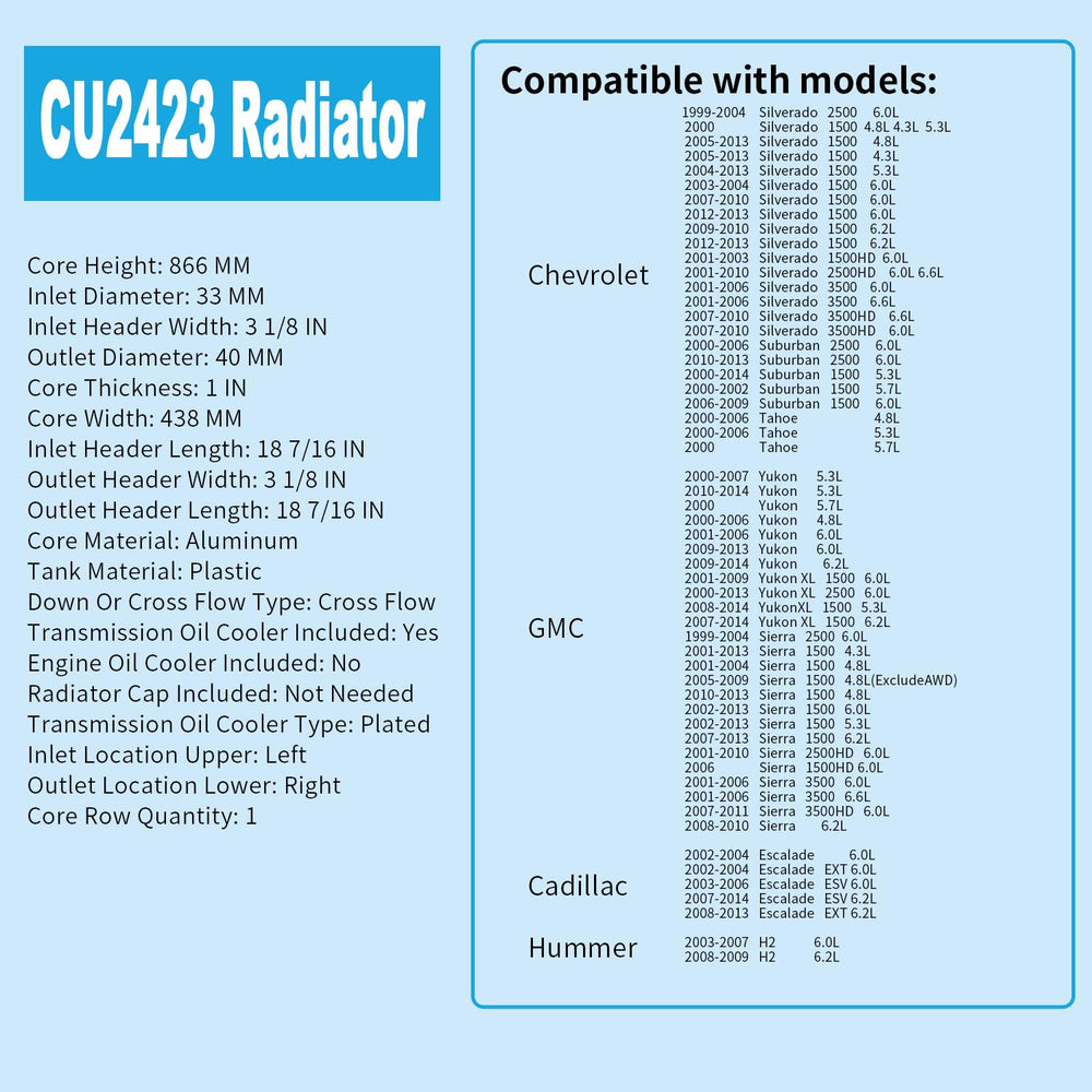 RAYTEN compatibility chart for Cadillac and Chevrolet models