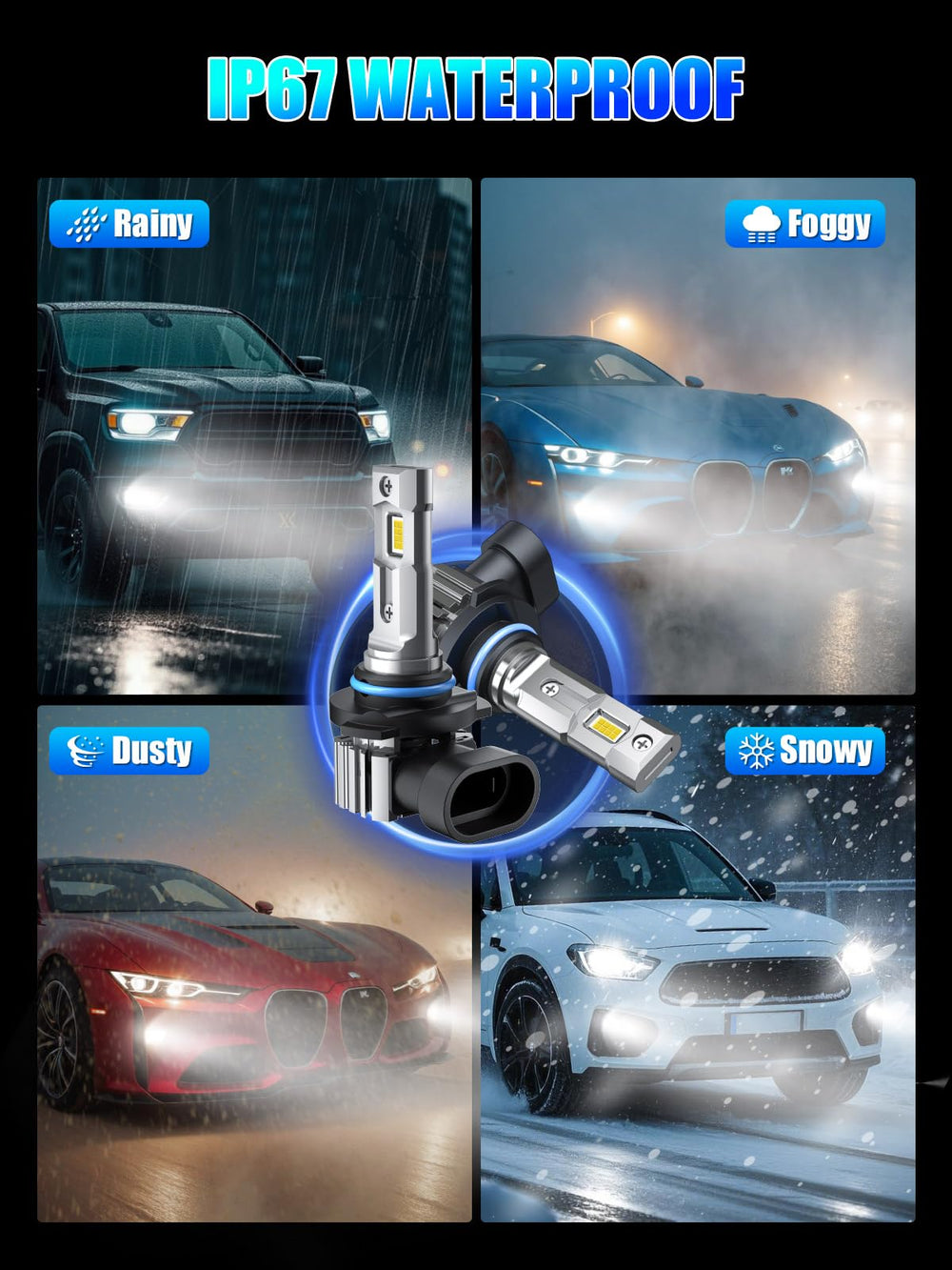 RCJ 9005 9006 bulbs combo IP67 waterproof performance in wet weather