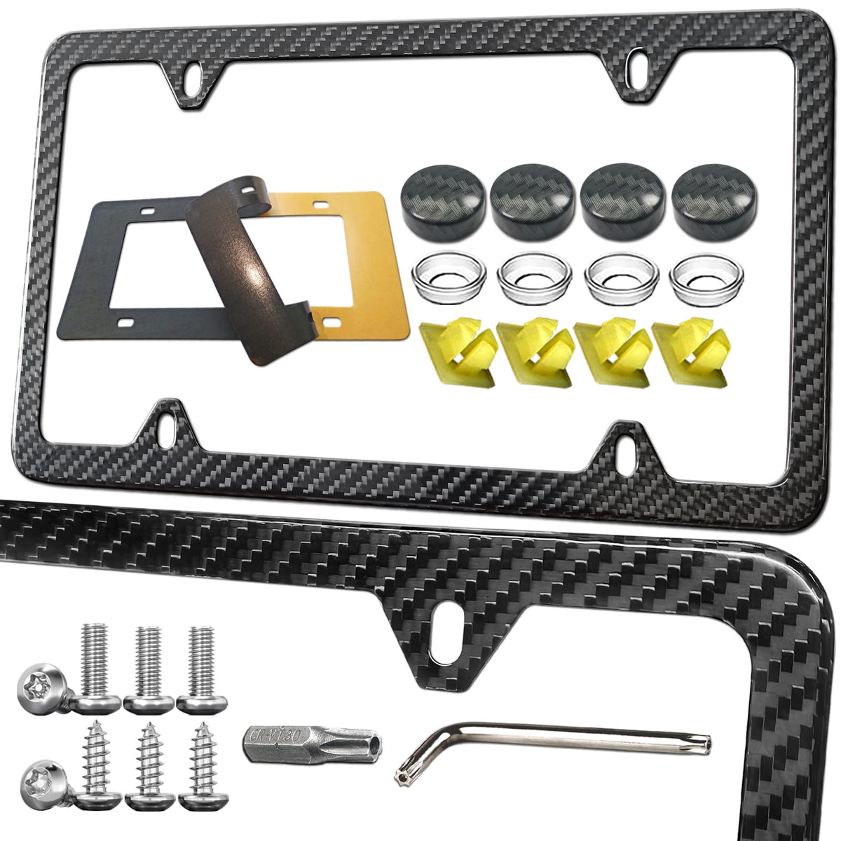 RCKJNJ carbon fiber license plate frame front view with glossy real-texture finish.