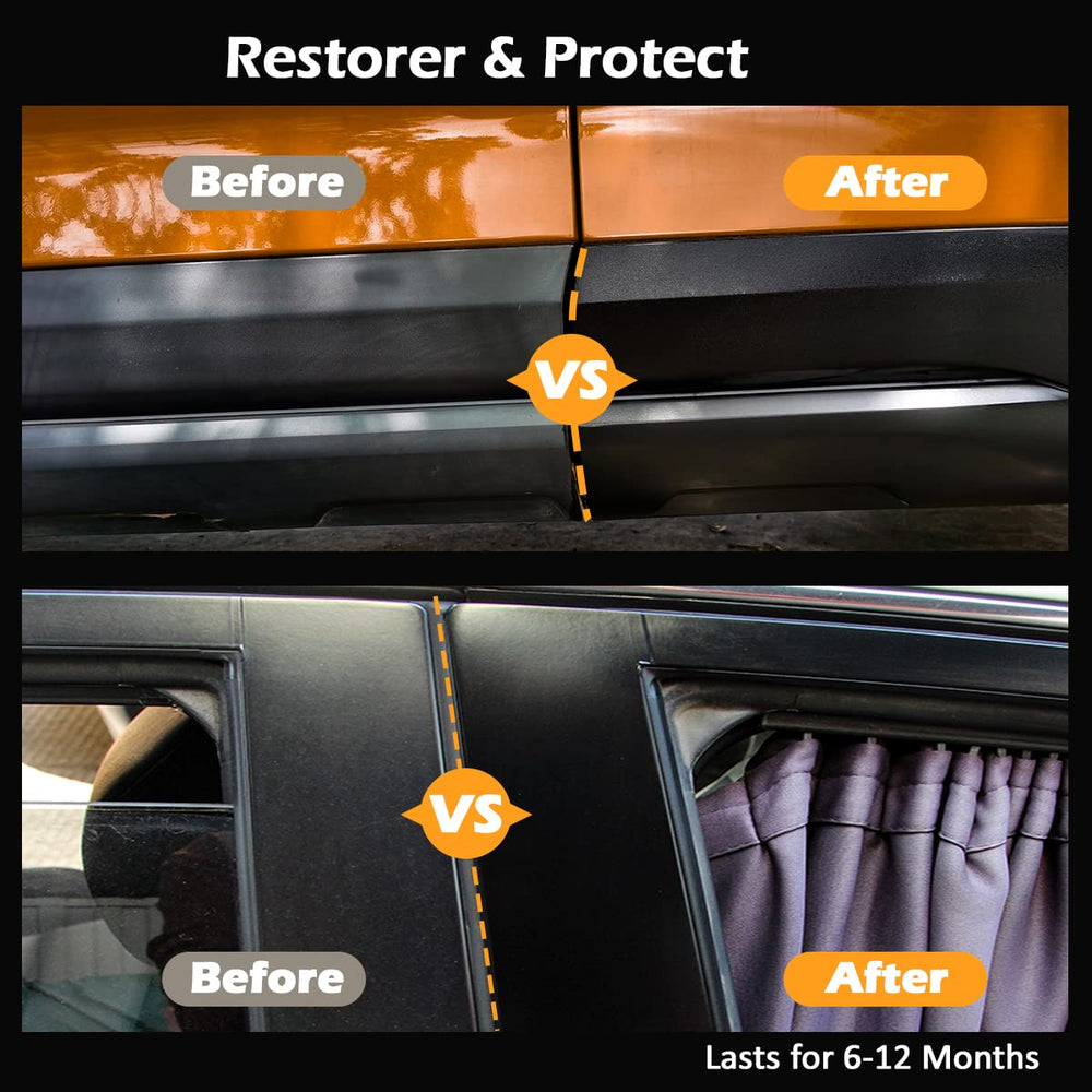 REALINN Plastic Restorer bumper and mirror trim shows revived black plastic with high gloss