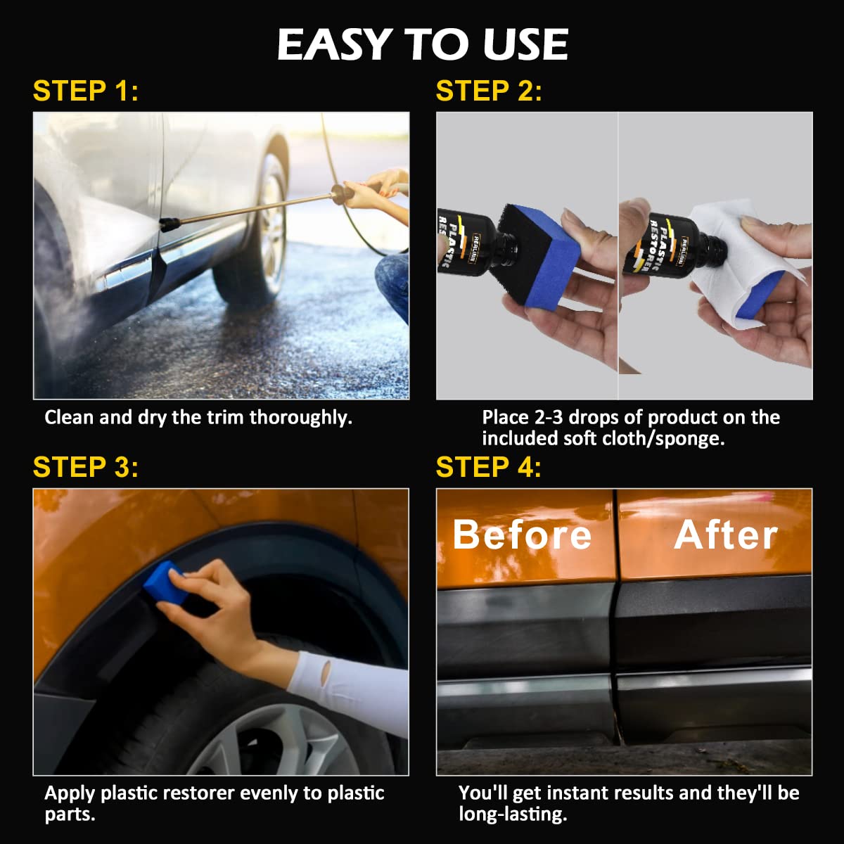 REALINN Plastic Restorer rain-resistance finish helps prevent streaking after showers