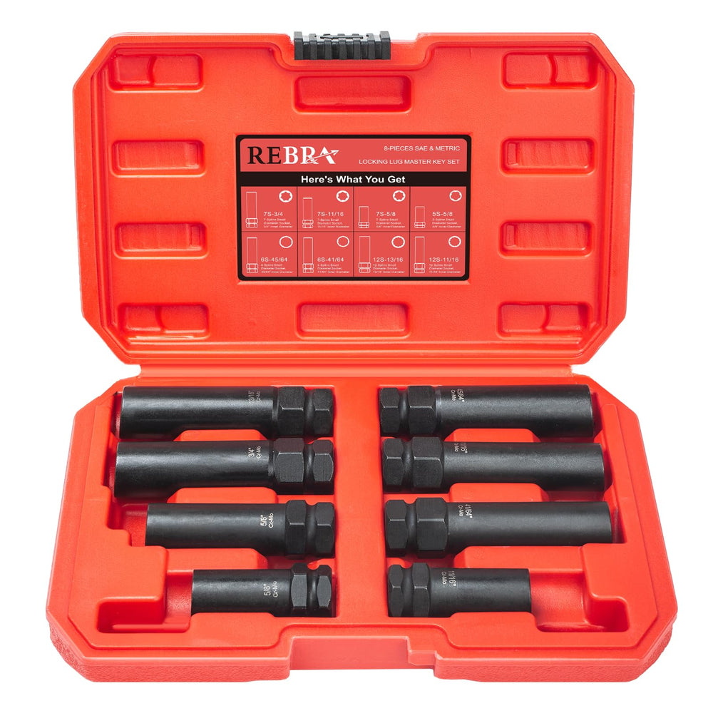 REBRA 6-7 spline lug-nut socket set for versatile aftermarket rim compatibility and easy removal.